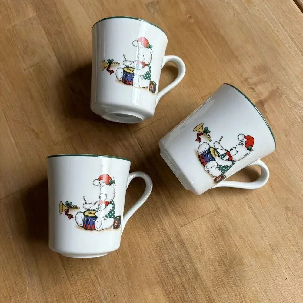 Vintage Holiday Christmas Memories Coffee Tea Cup Mug Bear With Drum Set of 3